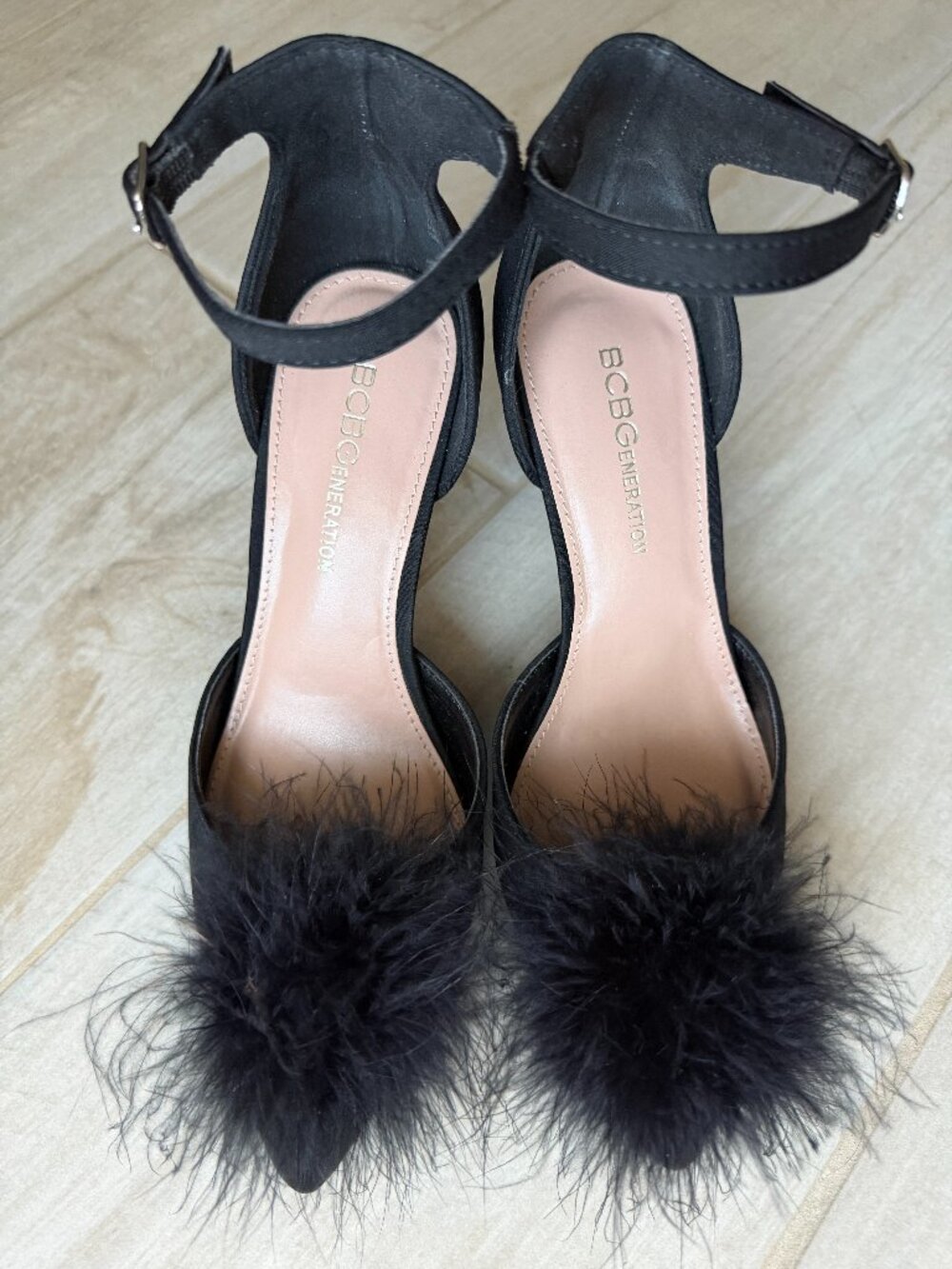 BCBGeneration Black Satin Feather Heels Pumps Size 6.5